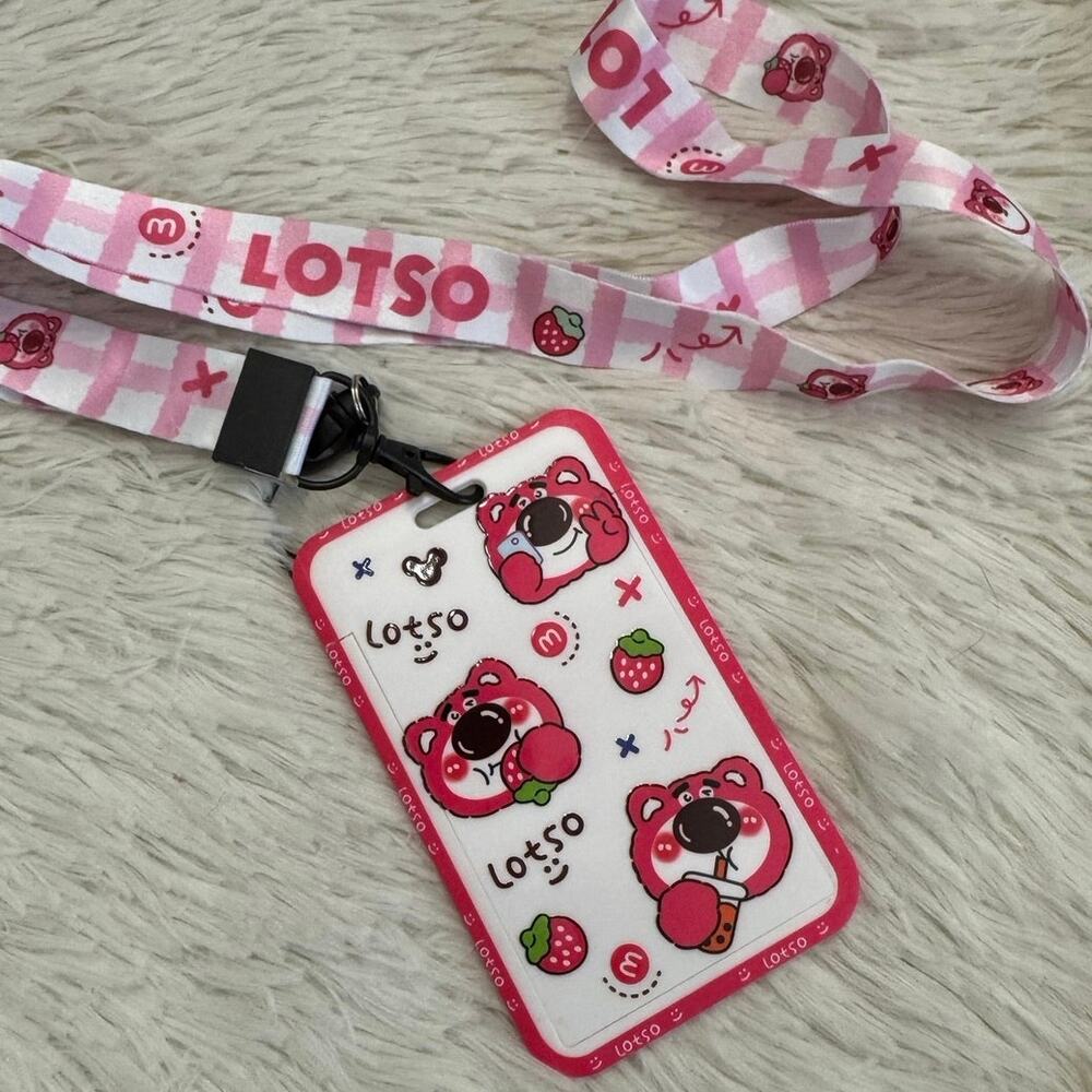 Lotso Strawberry Bear Lanyard ID Holder with pink and white checkered background